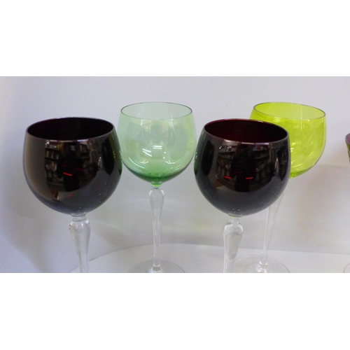 681 - Two sets of wine/hock glasses with coloured glass bowls (4 + 5)