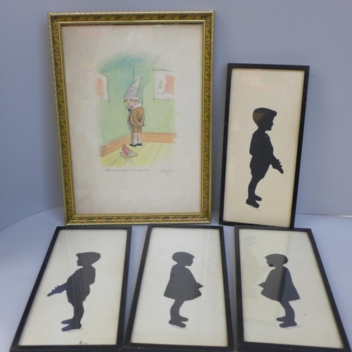 693 - Four framed silhouettes, 1929, of Peter and Joyce Alldread, aged 7 and 5 years and a small framed pe... 