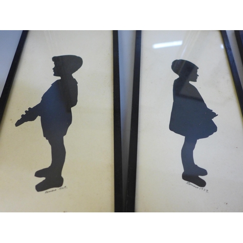 693 - Four framed silhouettes, 1929, of Peter and Joyce Alldread, aged 7 and 5 years and a small framed pe... 