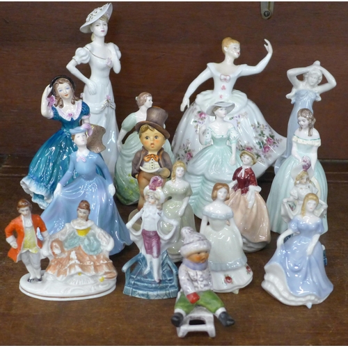 698 - A collection of seventeen porcelain figures; a Royal Doulton Shirley, Wade, Goebel, Coalport Carla, ... 