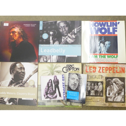 708 - A Led Zeppelin hardback book, Robert Plant LP and other blues LP records and two books