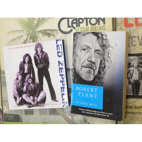 708 - A Led Zeppelin hardback book, Robert Plant LP and other blues LP records and two books