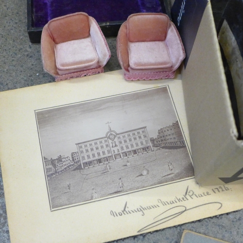 713 - A box of miscellaneous items including coloured lantern slides, stair rod clips, cabinet cards, etc.