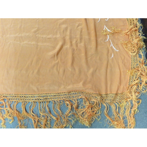 735 - An orange silk shawl with embroidered flowers, 1.4m square, Spanish, 1930s