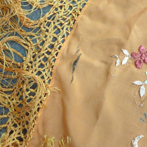 735 - An orange silk shawl with embroidered flowers, 1.4m square, Spanish, 1930s