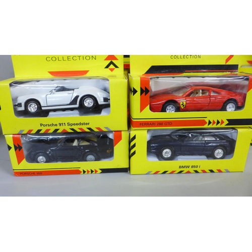 742 - Fourteen Classic sports car collection die cast model vehicles, and three Maisto model vehicles, all... 