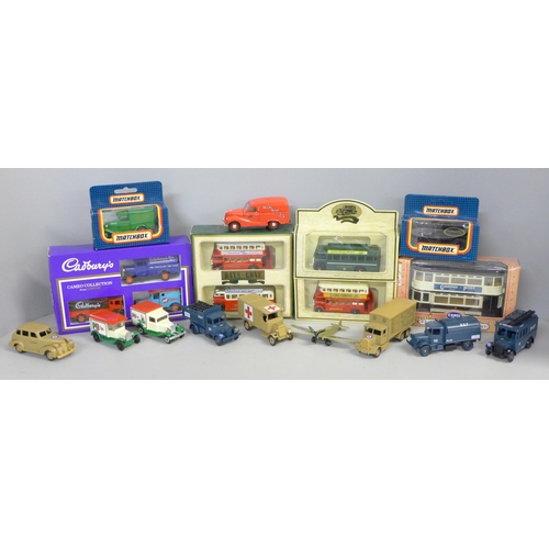 749 - A Days Gone model vehicle set, two Days Gone die cast model buses, a Corgi tram, two Matchbox Willia... 