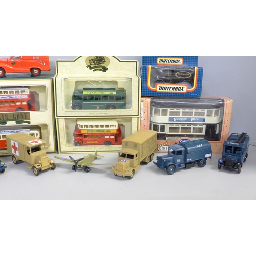 749 - A Days Gone model vehicle set, two Days Gone die cast model buses, a Corgi tram, two Matchbox Willia... 