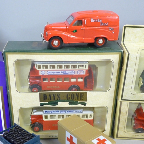 749 - A Days Gone model vehicle set, two Days Gone die cast model buses, a Corgi tram, two Matchbox Willia... 