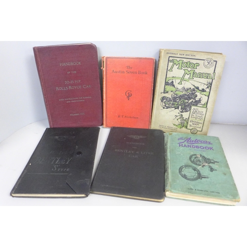 751 - Six vintage Motor Car handbooks; Handbook of the 20-25 HP Rolls-Royce car n. XVL, Bentley 4¼ litre, ... 