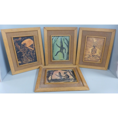 769 - Four tribal plaques, one signed Robin Phillips dated 1958