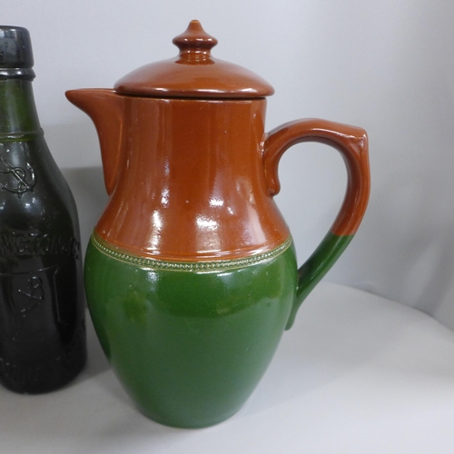 771 - A Langley Jug, a Sylvac terrier, Redgate Limited, Nottingham vintage soda bottle, four regional vint... 