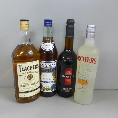 774 - Four bottles of alcohol, Teachers Scotch Whisky, Archers Peach Schnapps, Harveys Sherry and Martini ... 