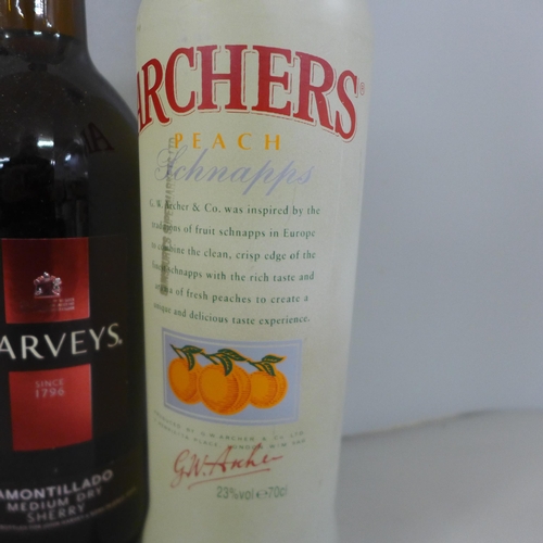 774 - Four bottles of alcohol, Teachers Scotch Whisky, Archers Peach Schnapps, Harveys Sherry and Martini ... 