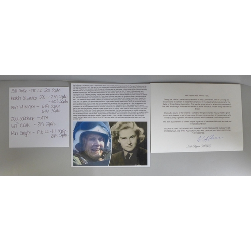 783 - A photograph montage of Battle of Britain aircrew, with original signatures of: Bill Green, Flt. Lt.... 