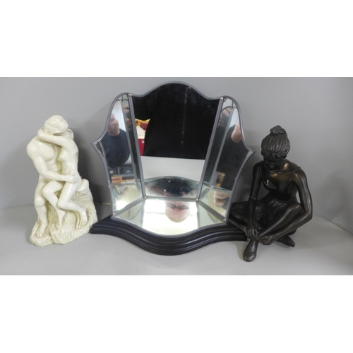 785 - A Genesis Fine Arts resin ballet dancer, a Rodin Kiss figurine and a mirrored stand