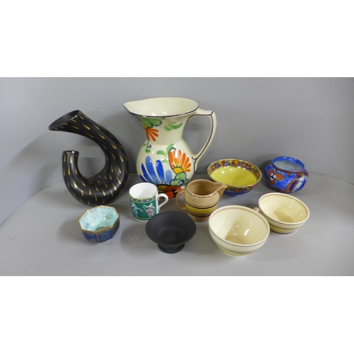 790 - A small Wedgwood lustre dragon bowl, Z-4831 backstamp, a black basalt bowl, Susie Cooper cup, cream ... 