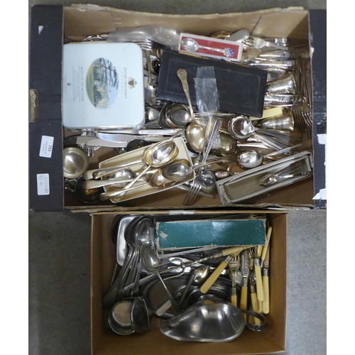 791 - Two boxes of silver plated cutlery, sauce boat and other tablewares