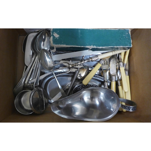 791 - Two boxes of silver plated cutlery, sauce boat and other tablewares