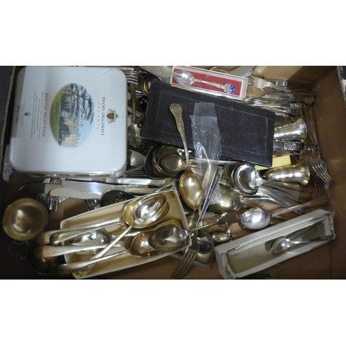 791 - Two boxes of silver plated cutlery, sauce boat and other tablewares