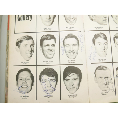 798 - A Charles Buchans 1968 football annual, extensively autographed with signatures including Roger Hunt... 