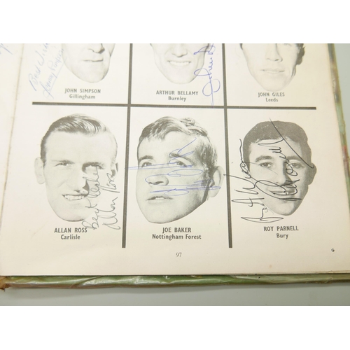 798 - A Charles Buchans 1968 football annual, extensively autographed with signatures including Roger Hunt... 