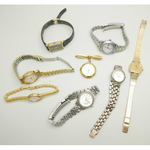 803 - Eight lady's watches including a vintage Meplin nurse's fob watch, quartz, Rotary, Citizen, etc.