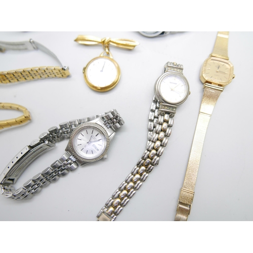 803 - Eight lady's watches including a vintage Meplin nurse's fob watch, quartz, Rotary, Citizen, etc.