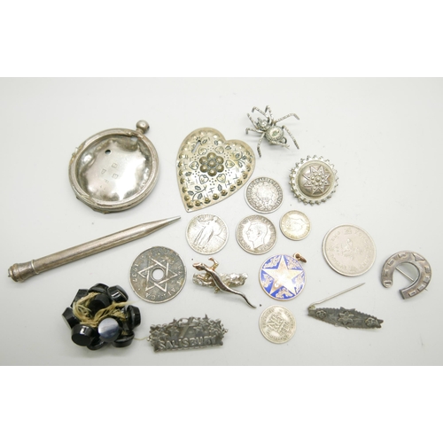 817 - Silver and white metal brooches including one marked Salisbury, a metal spider brooch, coins, a silv... 