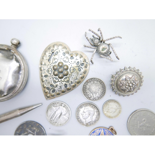 817 - Silver and white metal brooches including one marked Salisbury, a metal spider brooch, coins, a silv... 