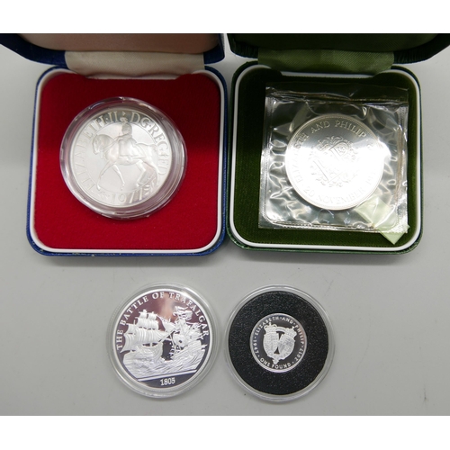 820 - Two sterling silver crowns 1972 and 1979, a 1oz. 999 fine silver Battle of Trafalgar commemorative c... 