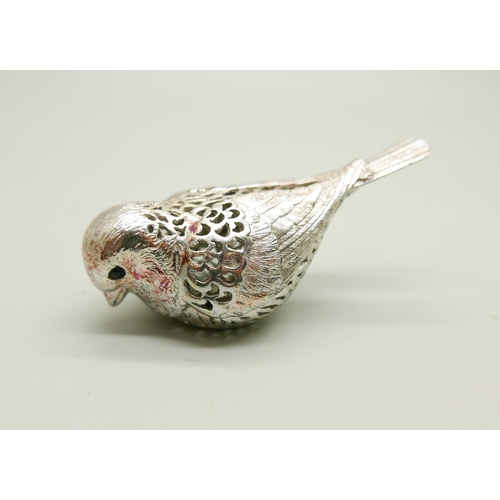 845 - Three Christofle Paris bird ornaments, a silver topped bottle (lid loose), a silver rimmed salt and ... 