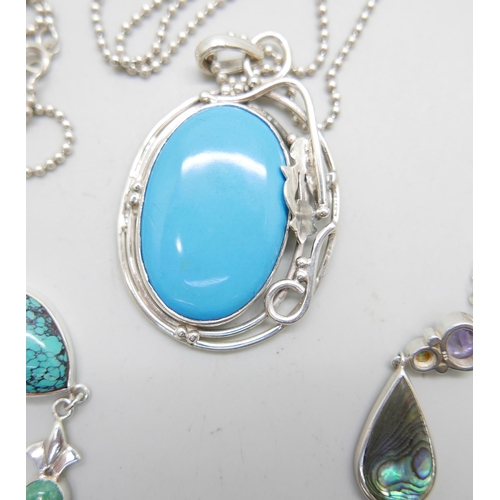 958 - A silver and stone set necklet, and two silver pendants and chains, largest pendant 6cm including ba... 