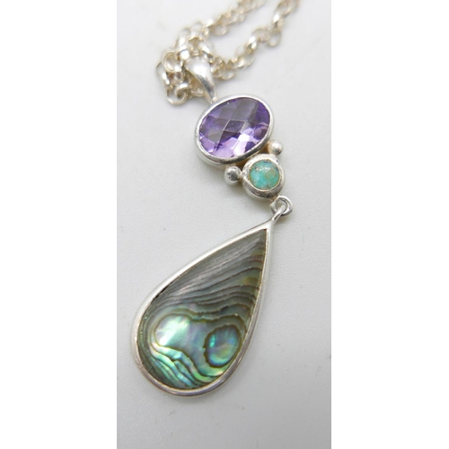 958 - A silver and stone set necklet, and two silver pendants and chains, largest pendant 6cm including ba... 