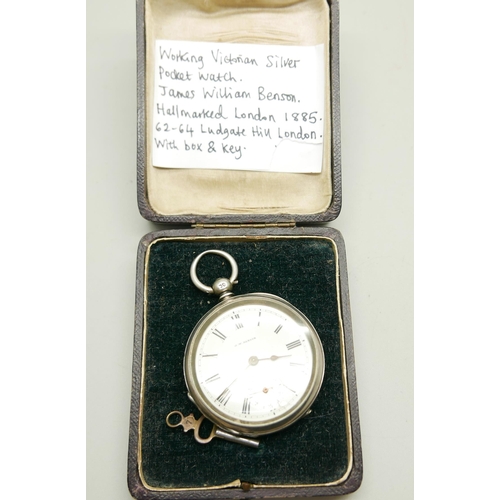 995 - A Victorian silver pocket watch, James William Benson, 62-64 Ludgate Hill, London, hallmarked London... 