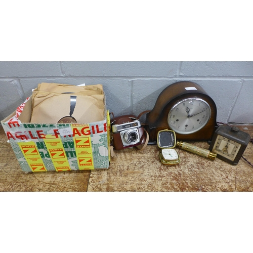 999 - A Smiths mantel clock, a Bakelite clock, camera, travel clock, telescope and a box of 78rpm records ... 