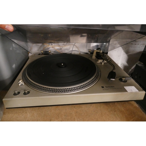 2129 - A Technics SL-1500 turntable and assorted speakers and subwoofers including Tannoy, JVC and Vivianco