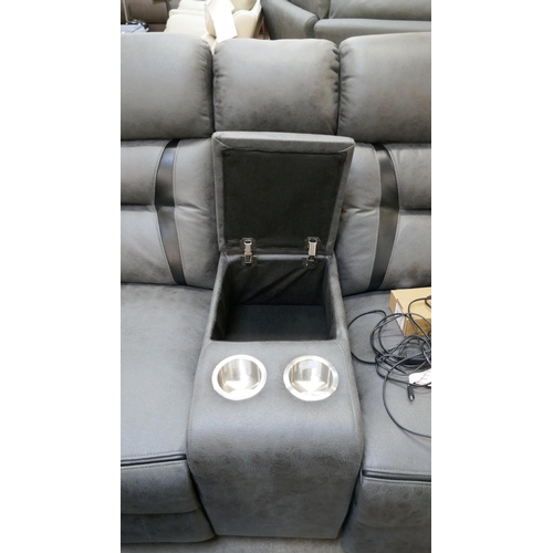 1301 - A reclining fabric and leather corner sofa with cup holders and storage console