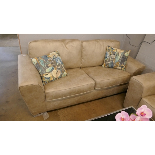 1314 - A Champagne PU suede three seater sofa, two seater sofa and armchair