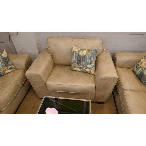 1314 - A Champagne PU suede three seater sofa, two seater sofa and armchair