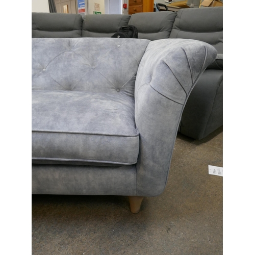 1453 - Silver velvet buttoned three seater sofa