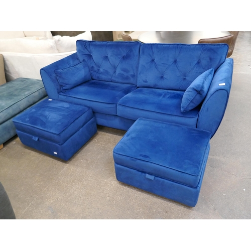 1454 - A Hoxton blue velvet three seater sofa and storage footstools £1237