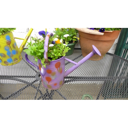 2280 - Two metal watering can planters, containing assorted flowers, plants and three round plastic planter... 