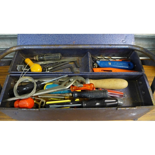 2336 - An Enox metal tool box with a quantity of tools and Bosch PST.50E jigsaw