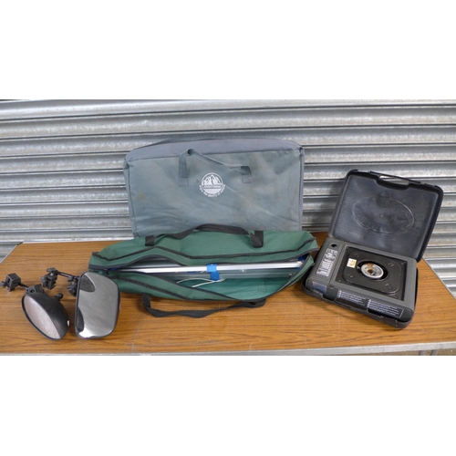 2358 - Camping equipment  including a gas stove, mirror extenders, camping cabinet and washing line