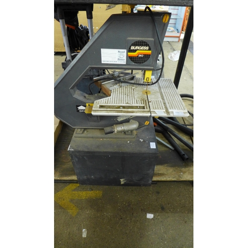 2368 - A Burgess BK3 240V band saw mounted on to a storage box containing attachments