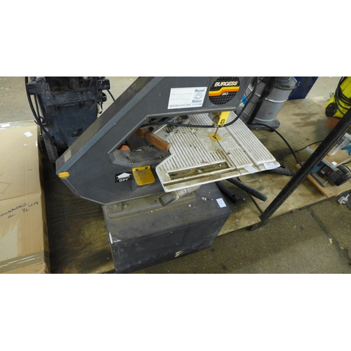 2368 - A Burgess BK3 240V band saw mounted on to a storage box containing attachments