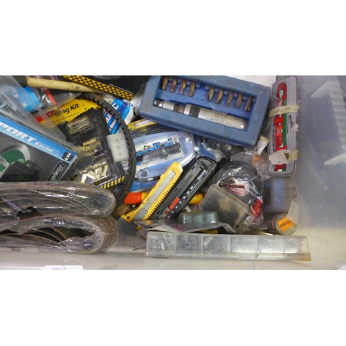 2015 - Two boxes of assorted tools including socket sets, tap and die set, brake pads and bearings, machine... 