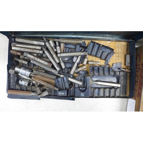 2021 - A box of assorted hand tools including sockets, assorted screws, points, clamps and grips, cable cli... 