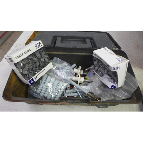 2021 - A box of assorted hand tools including sockets, assorted screws, points, clamps and grips, cable cli... 